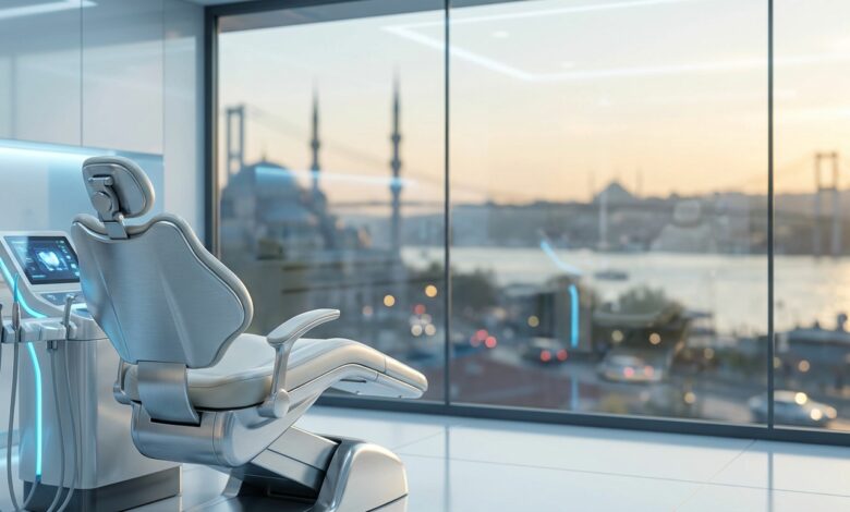 Intérieur d'une clinique dentaire ultramoderne et impeccable en Turquie, avec un équipement de pointe au premier plan et une vue panoramique floue sur la ville d'Istanbul au crépuscule à travers une grande fenêtre.