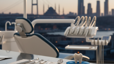 Image photoréaliste d'une salle de consultation dentaire ultra-moderne avec des instruments stériles et un gros plan sur une dent en céramique parfaite, sur fond flou du paysage urbain d'Istanbul au coucher du soleil.