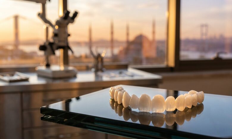 Un jeu de facettes dentaires en porcelaine parfaitement alignées sur une surface stérile dans une clinique moderne, avec en arrière-plan une vue floue et ensoleillée de la ligne d'horizon d'Istanbul au coucher du soleil.