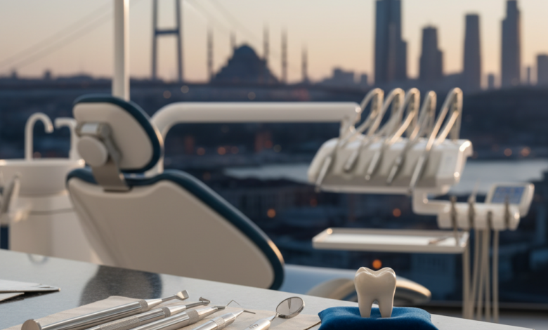 Image photoréaliste d'une salle de consultation dentaire ultra-moderne avec des instruments stériles et un gros plan sur une dent en céramique parfaite, sur fond flou du paysage urbain d'Istanbul au coucher du soleil.
