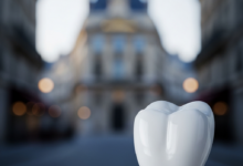 Close-up of a pristine, white ceramic dental implant crown on a metallic post, representing a perfect tooth restoration. The background is an extremely blurred, elegant Parisian architectural street scene with soft light, hinting at the location.