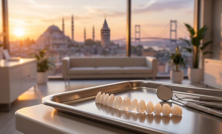 Une image photoréaliste montrant des facettes dentaires en céramique impeccables sur un plateau au premier plan, avec en arrière-plan flou une vue magnifique sur la ligne d'horizon d'Istanbul depuis une fenêtre de clinique moderne au lever du soleil.