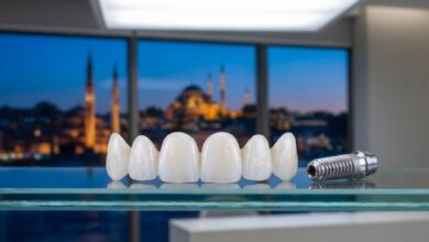 Un modèle d'implant dentaire et de facettes en céramique posé sur une surface en verre dans une clinique moderne, avec une vue floue et cinématographique d'Istanbul au crépuscule en arrière-plan.