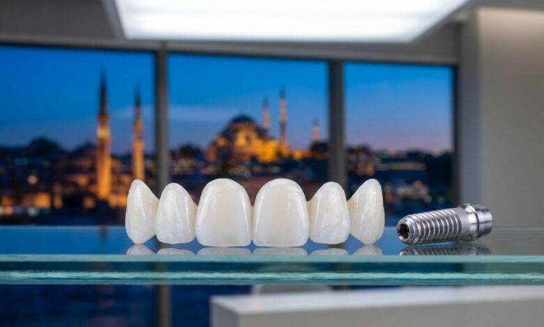 Un modèle d'implant dentaire et de facettes en céramique posé sur une surface en verre dans une clinique moderne, avec une vue floue et cinématographique d'Istanbul au crépuscule en arrière-plan.