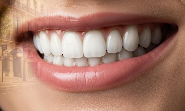 Close-up of a radiant, perfect smile with bright, healthy dental veneers. The background is a softly blurred Parisian street scene with classic French architecture.