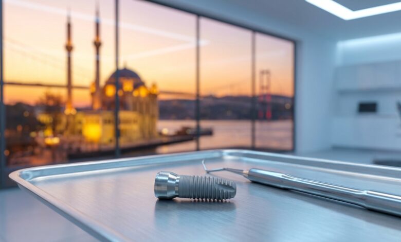 Vue intérieure d'une clinique dentaire ultramoderne avec un implant dentaire et un outil chirurgical au premier plan. En arrière-plan flou, la silhouette d'Istanbul est visible au lever du soleil à travers une grande fenêtre.