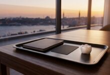 Un plateau moderne dans une chambre d'hôtel avec un passeport, une carte-clé et une couronne d'implant dentaire, avec une vue floue sur la ville d'Istanbul en arrière-plan, symbolisant un voyage médical tout inclus.