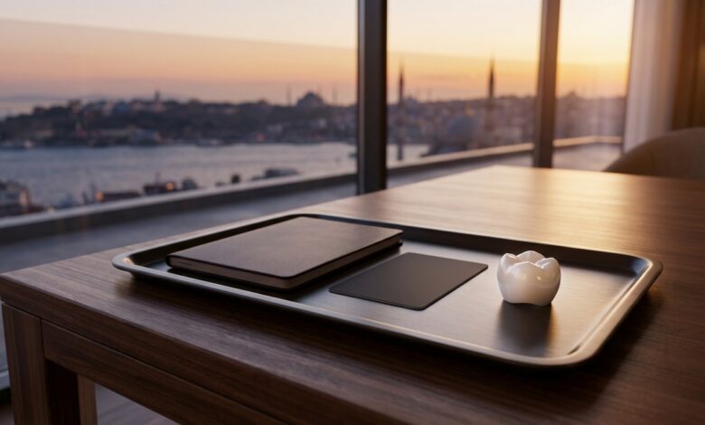 Un plateau moderne dans une chambre d'hôtel avec un passeport, une carte-clé et une couronne d'implant dentaire, avec une vue floue sur la ville d'Istanbul en arrière-plan, symbolisant un voyage médical tout inclus.