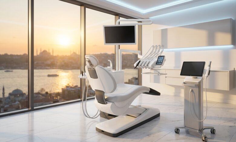 Intérieur d'une clinique dentaire ultramoderne et impeccable avec un fauteuil de soins high-tech, donnant sur une vue panoramique et floue d'Istanbul au lever du soleil.