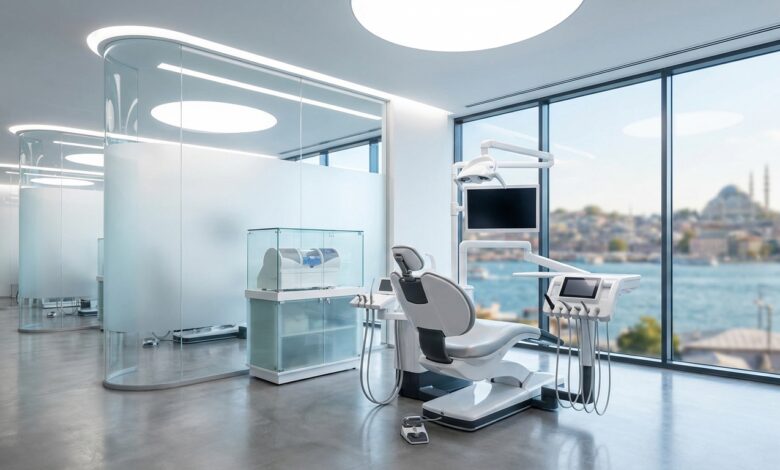 Intérieur d'une clinique dentaire ultramoderne et impeccable, avec un équipement de pointe au premier plan et une vue floue sur la ligne d'horizon d'Istanbul à travers une grande fenêtre en arrière-plan.