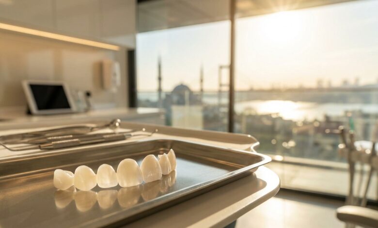 Plateau stérile avec des facettes dentaires en céramique blanche, posé dans une clinique moderne avec une vue floue et ensoleillée sur la ligne d'horizon d'Istanbul et le Bosphore en arrière-plan.