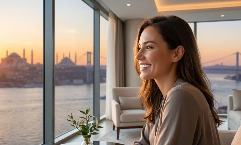 Une personne avec un sourire parfait et des dents blanches regarde la vue panoramique d'Istanbul au lever du soleil depuis une fenêtre, symbolisant le succès du tourisme dentaire en Turquie.