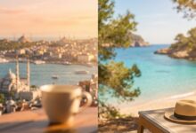 Image conceptuelle montrant une vue partagée entre Istanbul, Turquie, et une plage ensoleillée en Espagne, symbolisant le choix d'une destination pour des implants dentaires.