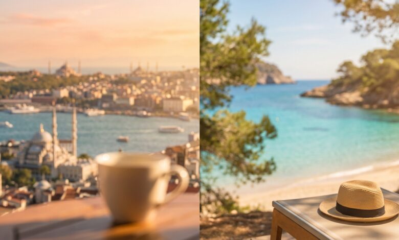 Image conceptuelle montrant une vue partagée entre Istanbul, Turquie, et une plage ensoleillée en Espagne, symbolisant le choix d'une destination pour des implants dentaires.