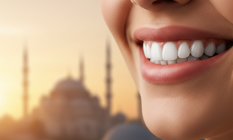 Un gros plan photoréaliste sur la bouche et le menton d'une personne souriante, montrant des dents d'un blanc éclatant et parfaitement alignées. L'arrière-plan est flou, révélant les contours doux des dômes et minarets d'un bâtiment emblématique d'Istanbul baigné dans une lumière chaude du lever ou du coucher du soleil.