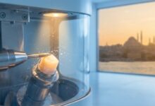 Gros plan d'une machine dentaire CAD/CAM de haute technologie fabriquant une facette en céramique dans un laboratoire impeccable, avec une vue floue d'Istanbul en arrière-plan.