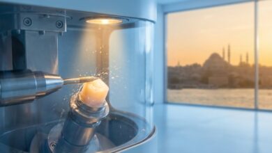 Gros plan d'une machine dentaire CAD/CAM de haute technologie fabriquant une facette en céramique dans un laboratoire impeccable, avec une vue floue d'Istanbul en arrière-plan.