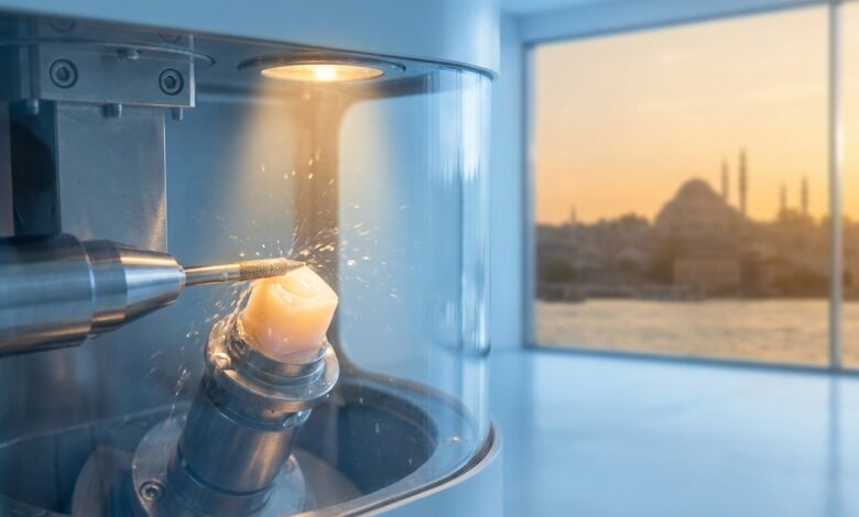 Gros plan d'une machine dentaire CAD/CAM de haute technologie fabriquant une facette en céramique dans un laboratoire impeccable, avec une vue floue d'Istanbul en arrière-plan.