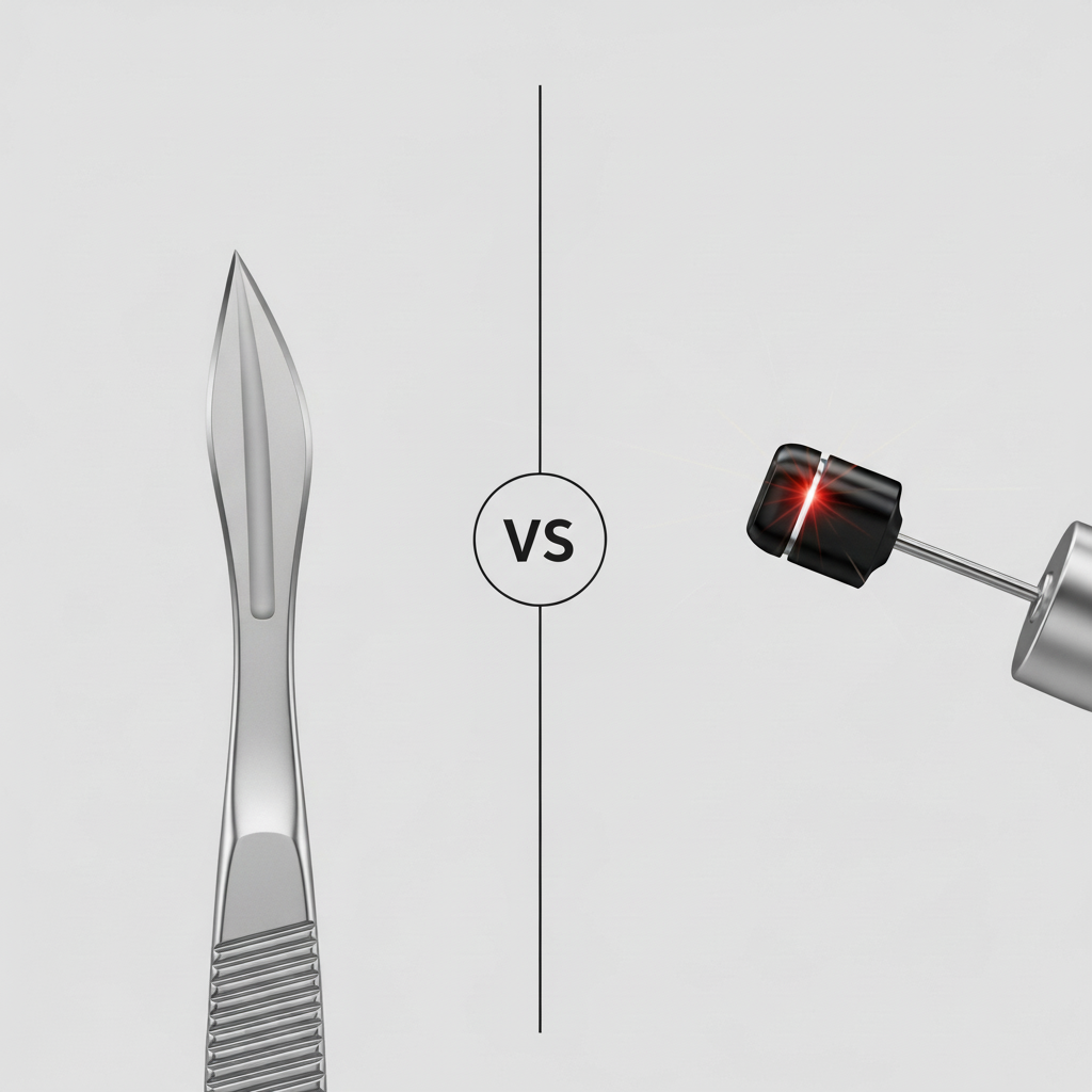 Gum Contouring Cost France: contrasting traditional scalpel methods with modern laser technology for precise reshaping.