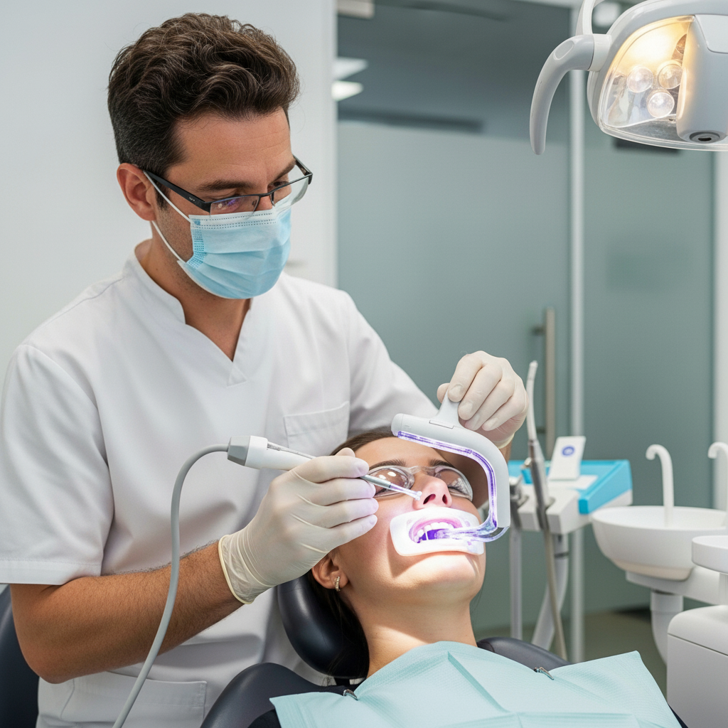 Teeth Whitening Cost France: A professional dentist performs an in-office whitening procedure on a patient.