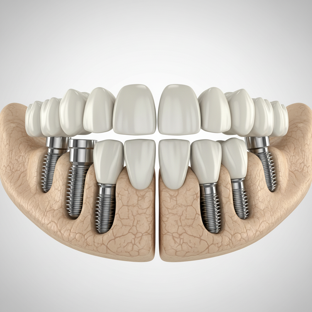 Full Mouth Dental Implants Cost France explained by showing the advanced All-on-4 or All-on-6 implant placement.