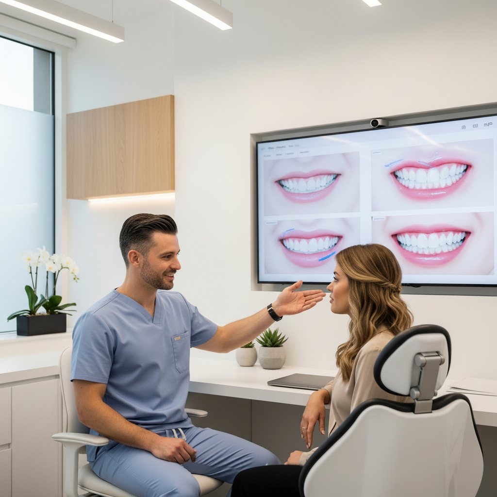 Gum Contouring Cost France: A professional cosmetic dentist explains digital smile design during an initial consultation.