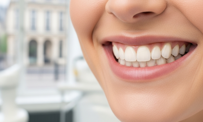 Close-up of a person's natural, healthy, and confident smile, showcasing perfectly aligned white teeth, set against a deeply blurred background of a modern dental clinic and a subtle, out-of-focus hint of French architecture. No text is visible.