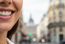 Close-up of a person's mouth smiling naturally, showing subtly enhanced, healthy teeth. The background is a very soft-focus, blurred image of a Parisian street with elegant buildings, conveying a sense of sophistication and well-being in France.