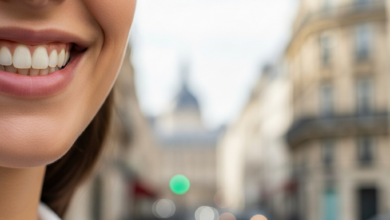 Close-up of a person's mouth smiling naturally, showing subtly enhanced, healthy teeth. The background is a very soft-focus, blurred image of a Parisian street with elegant buildings, conveying a sense of sophistication and well-being in France.