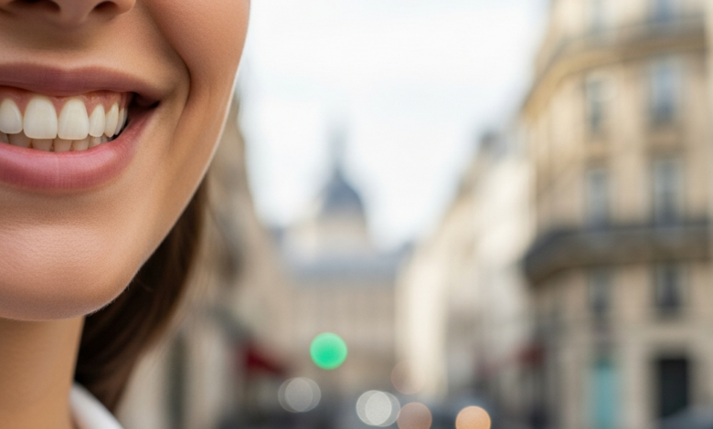 Close-up of a person's mouth smiling naturally, showing subtly enhanced, healthy teeth. The background is a very soft-focus, blurred image of a Parisian street with elegant buildings, conveying a sense of sophistication and well-being in France.