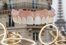 A photorealistic close-up of a perfectly crafted ceramic dental bridge model in sharp focus. Abstract, glowing metallic circular shapes, symbolizing cost, are subtly integrated. In the blurred background, a recognizable French landmark like Parisian architecture or the Eiffel Tower is visible. The image is clean, bright, and free of any text.