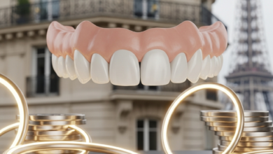 A photorealistic close-up of a perfectly crafted ceramic dental bridge model in sharp focus. Abstract, glowing metallic circular shapes, symbolizing cost, are subtly integrated. In the blurred background, a recognizable French landmark like Parisian architecture or the Eiffel Tower is visible. The image is clean, bright, and free of any text.