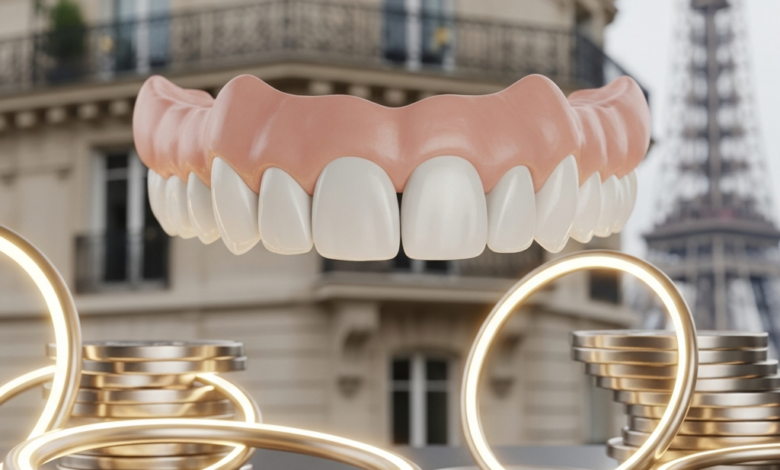A photorealistic close-up of a perfectly crafted ceramic dental bridge model in sharp focus. Abstract, glowing metallic circular shapes, symbolizing cost, are subtly integrated. In the blurred background, a recognizable French landmark like Parisian architecture or the Eiffel Tower is visible. The image is clean, bright, and free of any text.