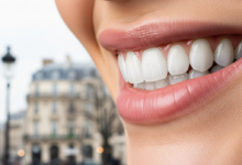 A photorealistic image showing a radiant, healthy smile with bright, perfectly aligned teeth in sharp focus in the foreground, set against a softly blurred, elegant Parisian street with classic architecture in the background. The image conveys quality, confidence, and a sense of sophisticated care.