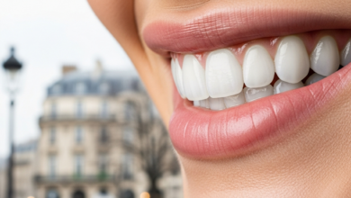 A photorealistic image showing a radiant, healthy smile with bright, perfectly aligned teeth in sharp focus in the foreground, set against a softly blurred, elegant Parisian street with classic architecture in the background. The image conveys quality, confidence, and a sense of sophisticated care.
