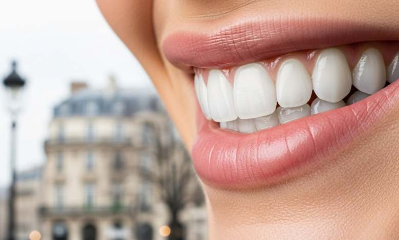 A photorealistic image showing a radiant, healthy smile with bright, perfectly aligned teeth in sharp focus in the foreground, set against a softly blurred, elegant Parisian street with classic architecture in the background. The image conveys quality, confidence, and a sense of sophisticated care.