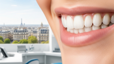 A close-up, photorealistic image of a beautiful, healthy human smile with perfectly contoured gums and white teeth. The background is softly blurred, showing hints of a clean, modern dental clinic and a distant, indistinct Parisian cityscape.