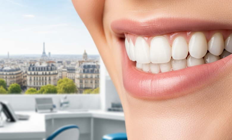 A close-up, photorealistic image of a beautiful, healthy human smile with perfectly contoured gums and white teeth. The background is softly blurred, showing hints of a clean, modern dental clinic and a distant, indistinct Parisian cityscape.