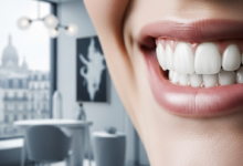 A photorealistic close-up of a flawless, bright white smile with perfect teeth and gums. The background is softly blurred, showing an elegant, modern dental clinic interior, with a very subtle, distant hint of a classic European cityscape suggesting France through a window.