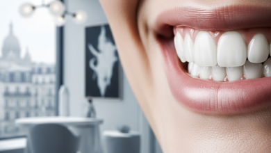 A photorealistic close-up of a flawless, bright white smile with perfect teeth and gums. The background is softly blurred, showing an elegant, modern dental clinic interior, with a very subtle, distant hint of a classic European cityscape suggesting France through a window.