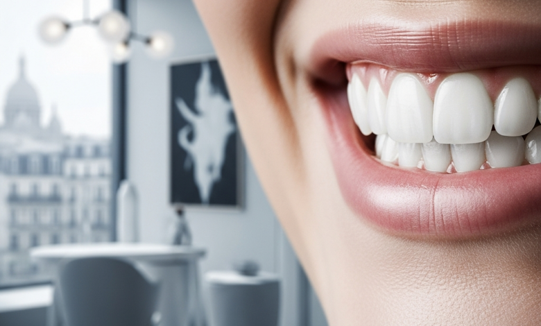 A photorealistic close-up of a flawless, bright white smile with perfect teeth and gums. The background is softly blurred, showing an elegant, modern dental clinic interior, with a very subtle, distant hint of a classic European cityscape suggesting France through a window.