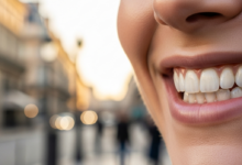 Close-up of a person's radiant, bright white teeth and confident smile, with an elegantly blurred Parisian street and architecture in the background.