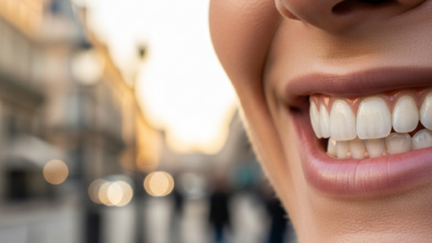 Close-up of a person's radiant, bright white teeth and confident smile, with an elegantly blurred Parisian street and architecture in the background.