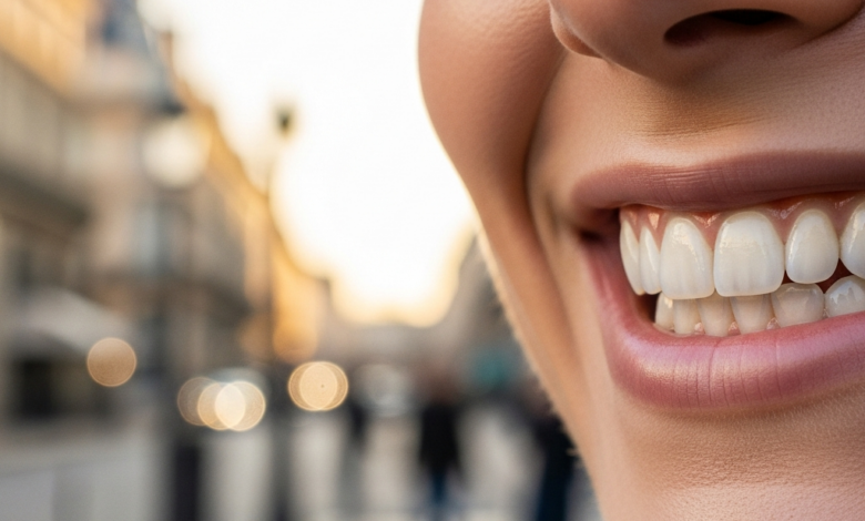 Close-up of a person's radiant, bright white teeth and confident smile, with an elegantly blurred Parisian street and architecture in the background.