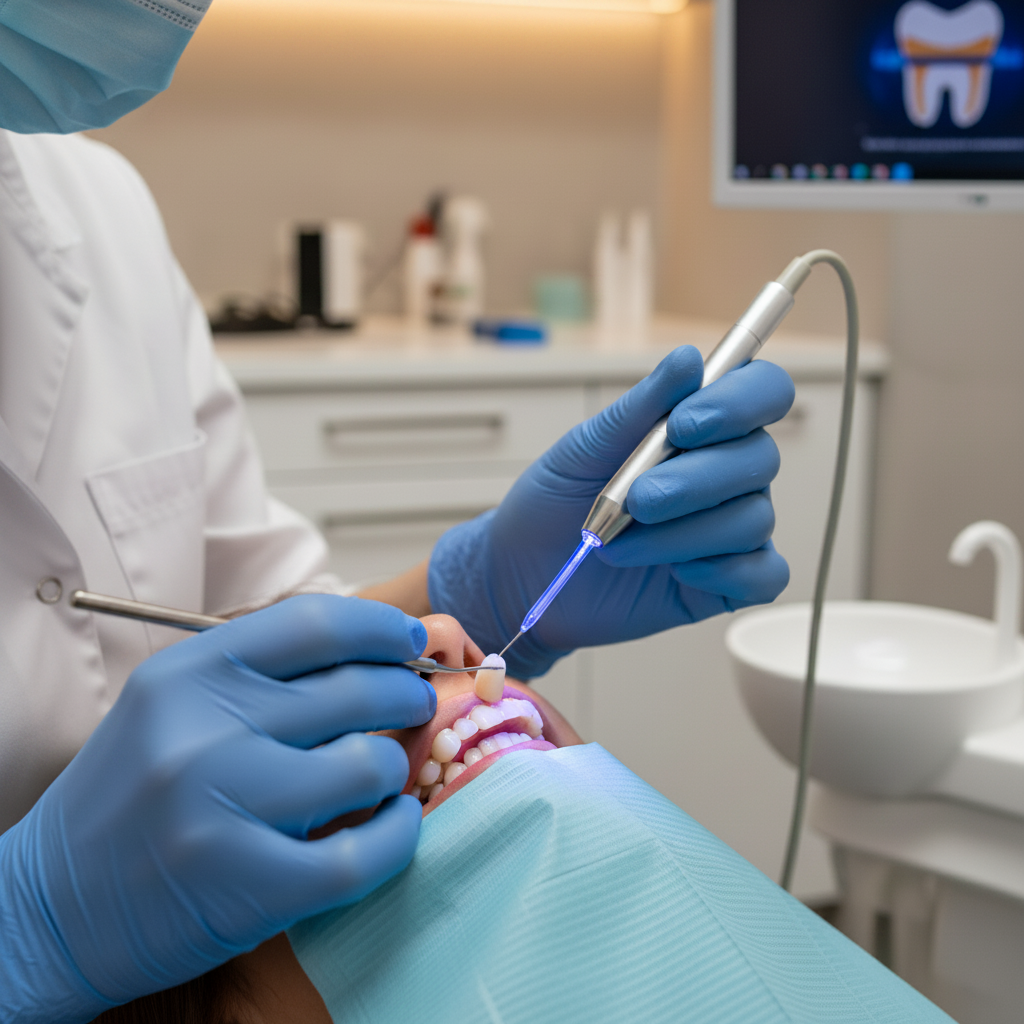 Dental Resin Application and Curing Composite Bonding France: A dentist meticulously applies and sculpts tooth-colored resin during a cosmetic dental procedure.