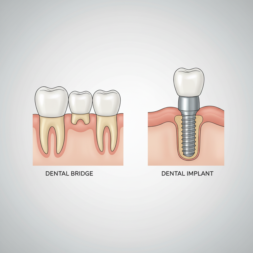 Structural Differences: Bridges and Implants Explained Dental Bridges vs Implants, showing the distinct structural differences and approaches to tooth replacement.