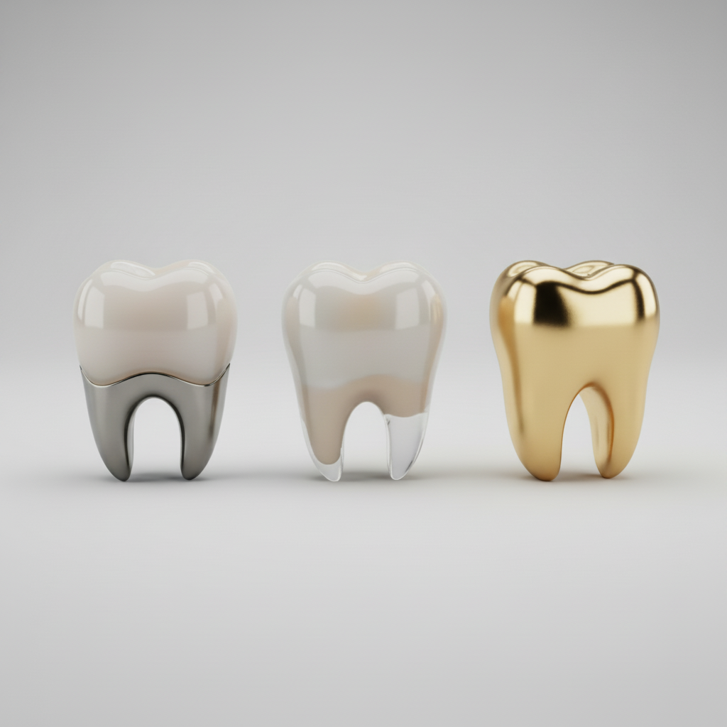 Dental Crowns France – showcasing distinct types and materials like ceramic, PFM, and metal options.