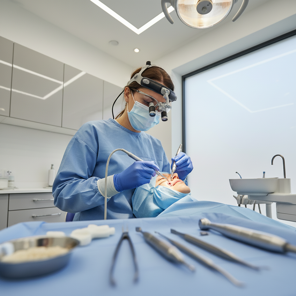 Dental Implant Procedure France: A skilled professional precisely places an implant post in a modern clinic.