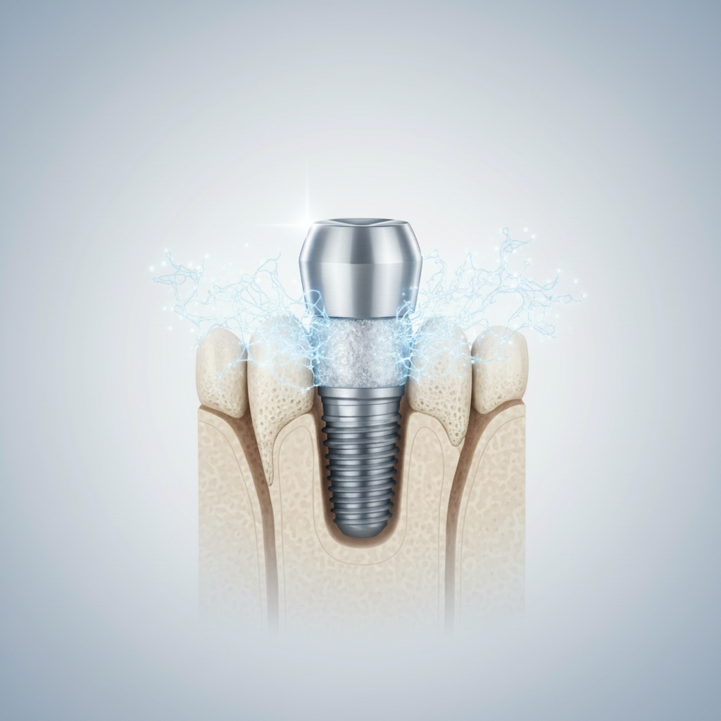 Osseointegration of a dental implant How Long Do Dental Implants Take, focusing on the crucial osseointegration healing phase between implant and jawbone.