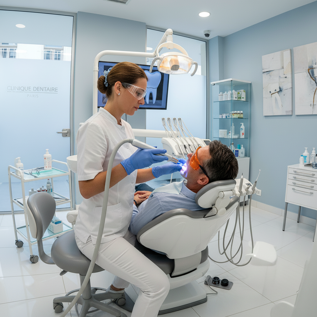 Modern Laser Dental Treatment in France Laser Dentistry France, where a skilled dentist performs a precise laser treatment on a patient.